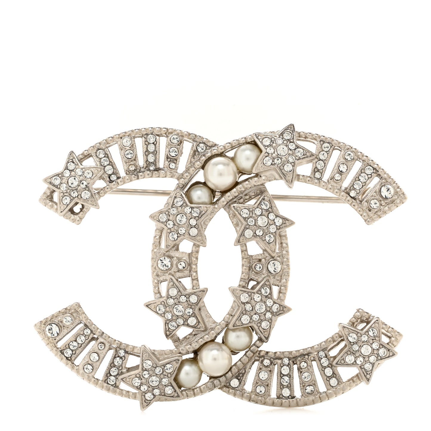 Crystal Pearl CC Star Coco Flapper Brooch Silver