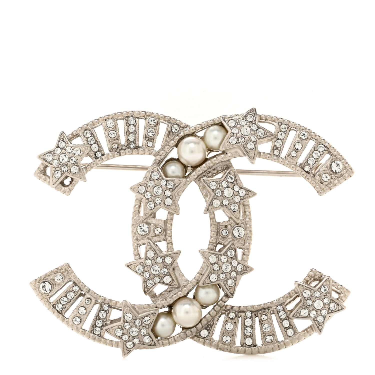 Chanel Crystal Pearl CC Star Coco Flapper Brooch Silver 1 of 4