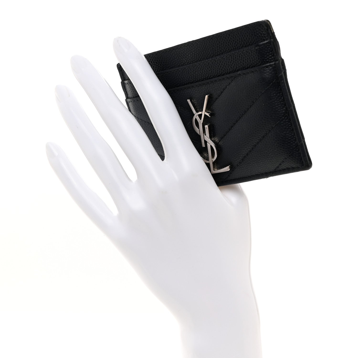 Saint Laurent Grain De Poudre Matelasse Chevron Monogram Credit Card Case Navy 2 of 7