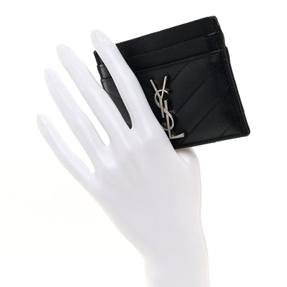 Saint Laurent Grain De Poudre Matelasse Chevron Monogram Credit Card Case Navy 2 of 7