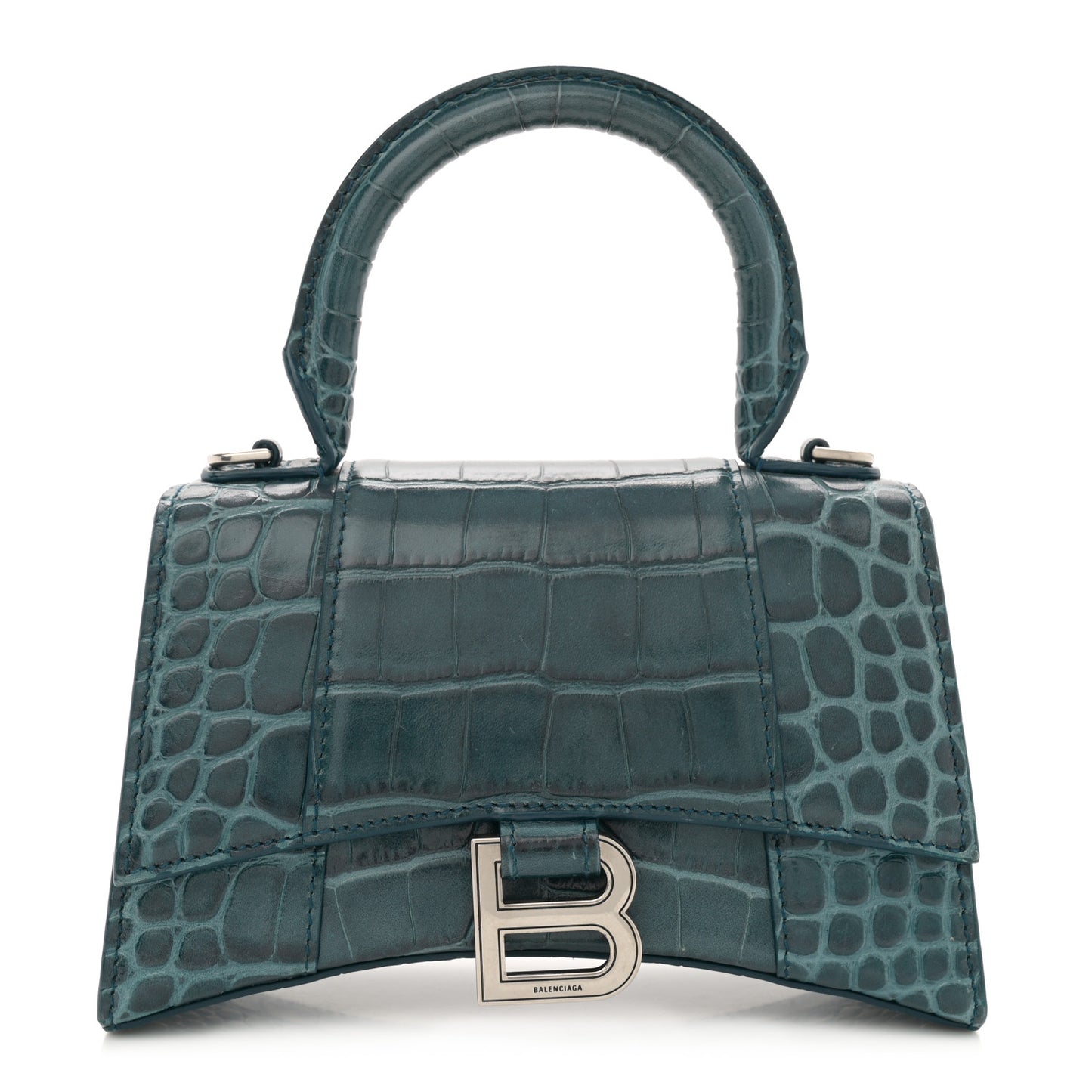 Shiny Calfskin Crocodile Embossed Hourglass Top Handle Bag XS Denim Blue