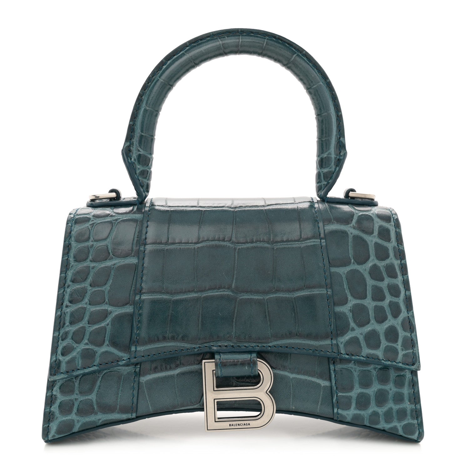 Balenciaga Shiny Calfskin Crocodile Embossed Hourglass Top Handle Bag XS Denim Blue 1 of 11
