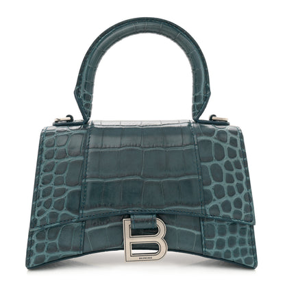 Balenciaga Shiny Calfskin Crocodile Embossed Hourglass Top Handle Bag XS Denim Blue 1 of 11