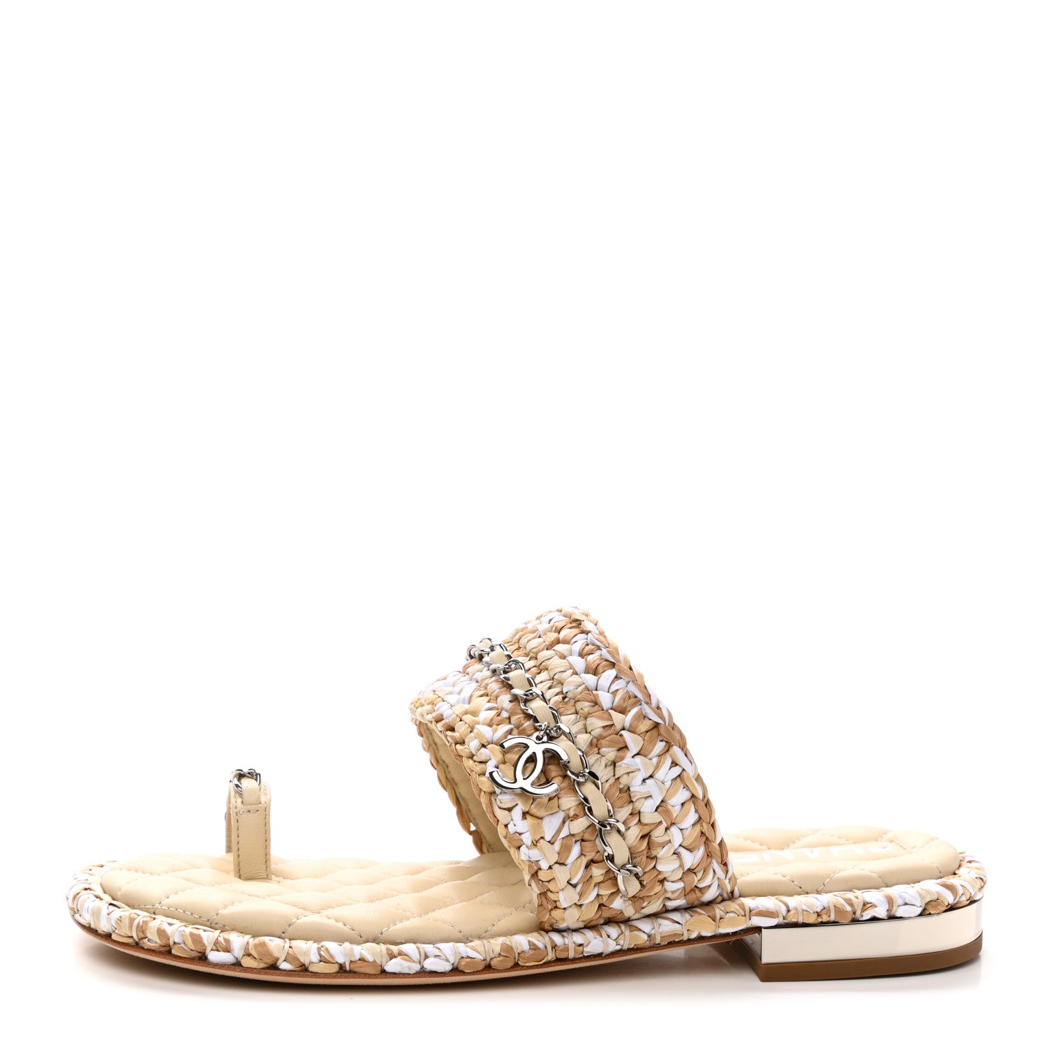 Chanel Raffia Lambskin Woven Chain CC Toe Ring Sandals 38 Beige White 1 of 9