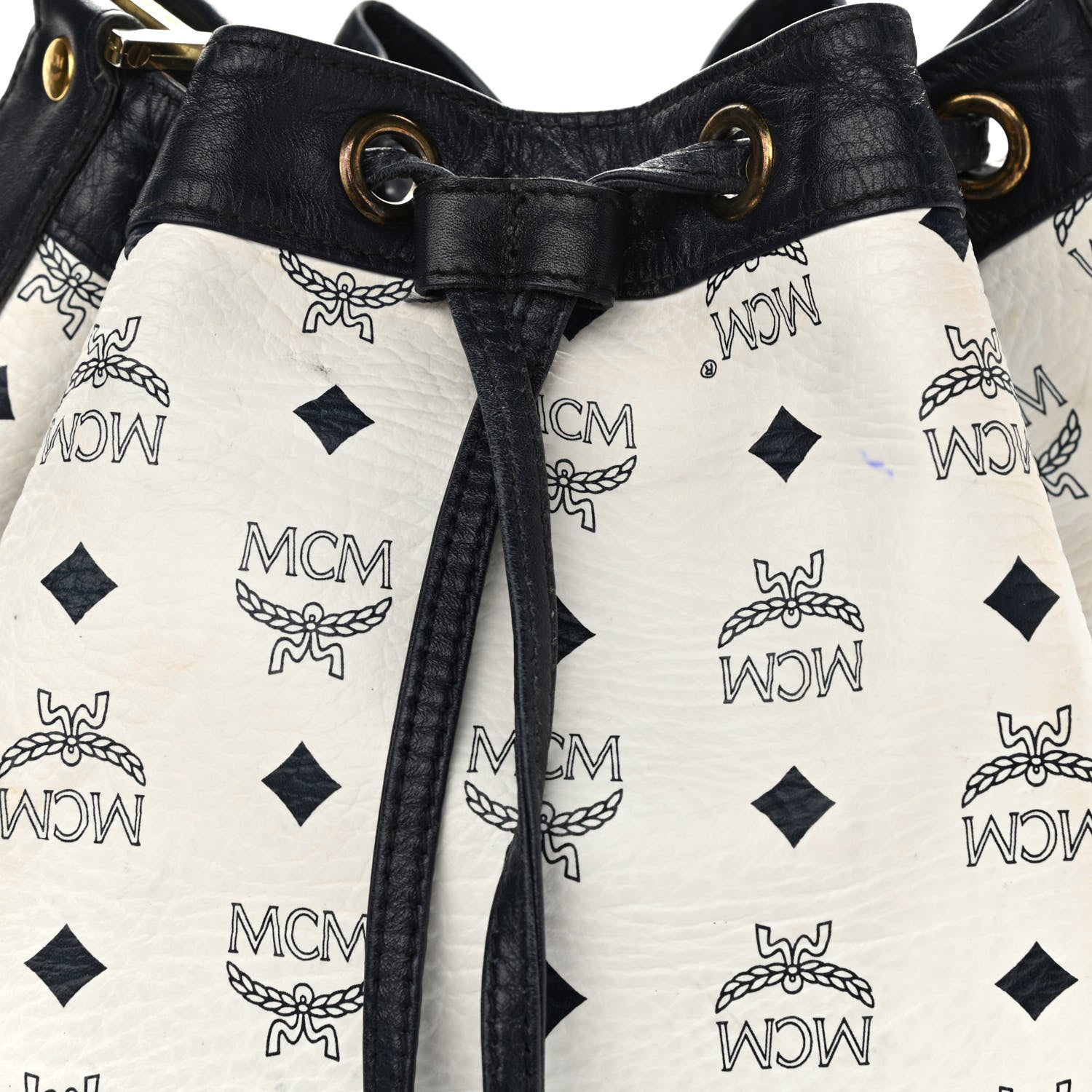 MCM Visetos Small Heritage Drawstring Bucket Bag White Black 11 of 19