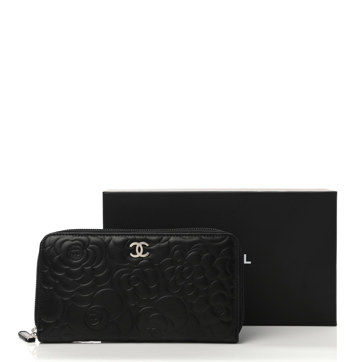 Lambskin Camellia Embossed Large Zip Around Gusset Wallet Black