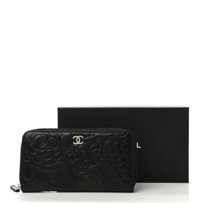 Chanel Lambskin Camellia Embossed Large Zip Around Gusset Wallet Black 9 of 9