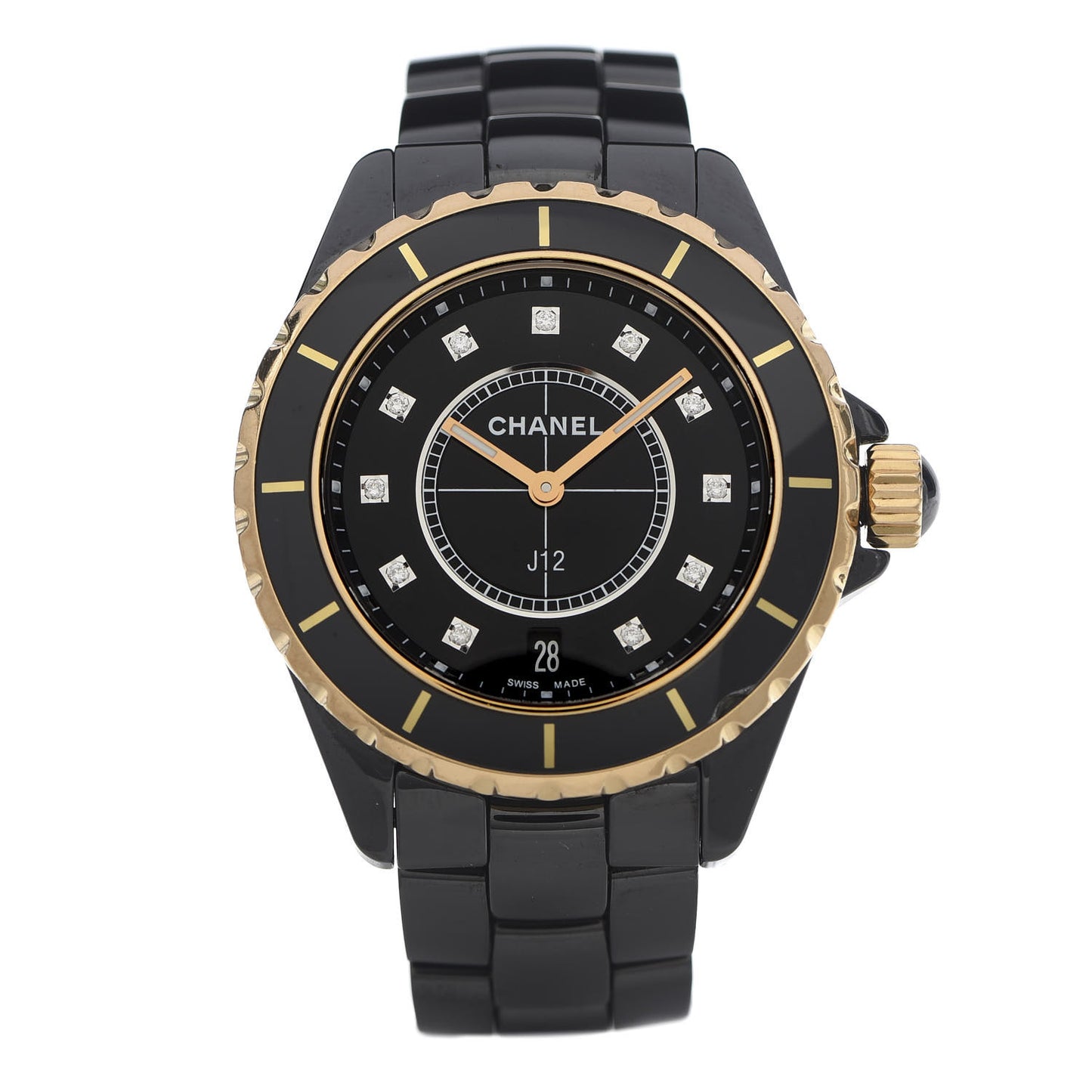 Stainless Steel 18K Yellow Gold Ceramic Diamond 38mm J12 Quartz Watch Black