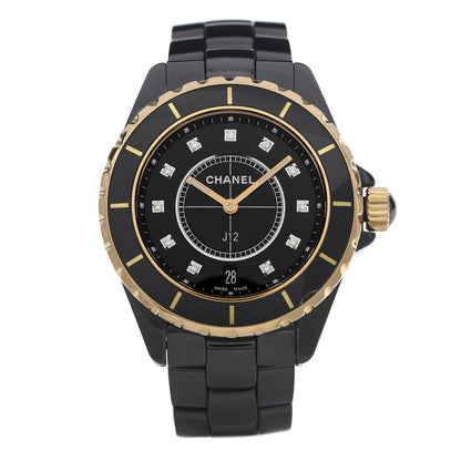 Chanel Stainless Steel 18K Yellow Gold Ceramic Diamond 38mm J12 Quartz Watch Black 1 of 6