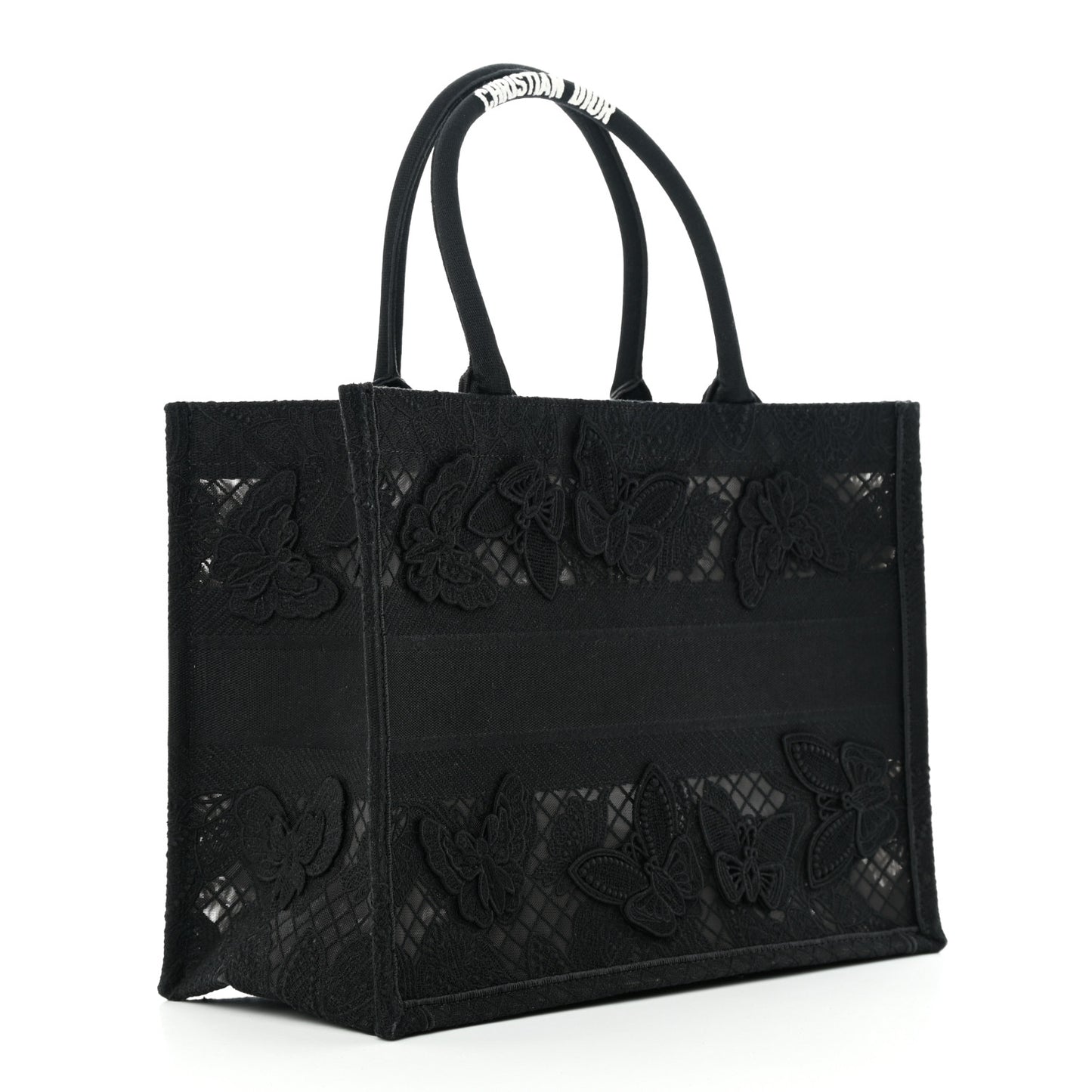 Embroidered 3D Macrame D-Lace Butterfly Medium Book Tote Black Multicolor