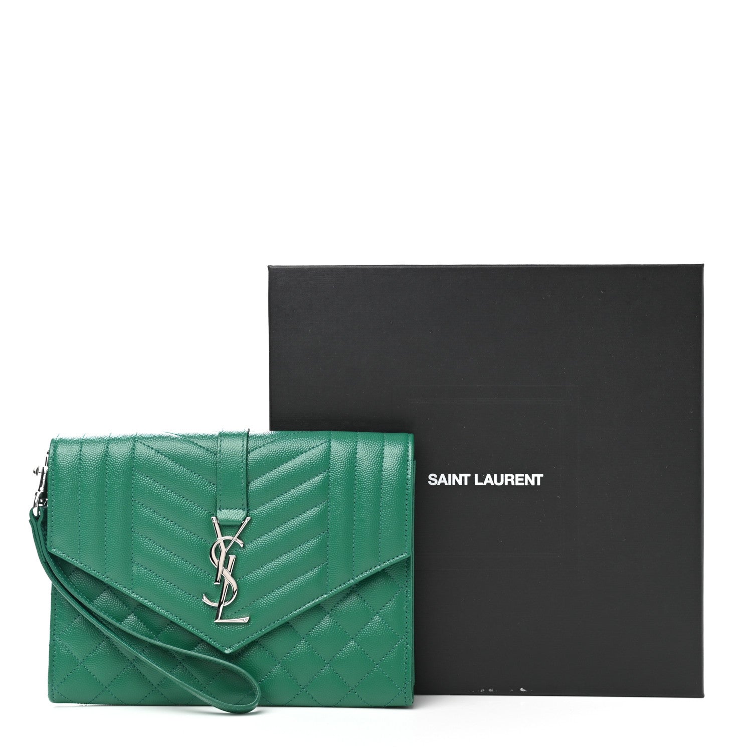 Saint Laurent Grain De Poudre Textured Mixed Matelasse Triquilt Monogram Clutch Green Field 10 of 10