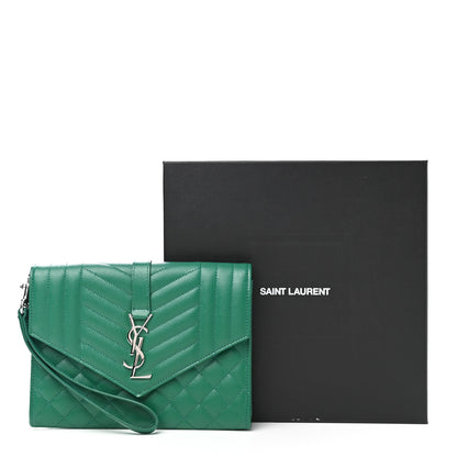 Saint Laurent Grain De Poudre Textured Mixed Matelasse Triquilt Monogram Clutch Green Field 10 of 10