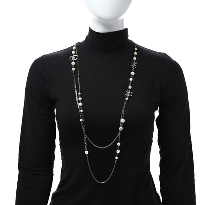 Chanel Pearl Crystal CC Leaf Long Necklace Silver 2 of 5