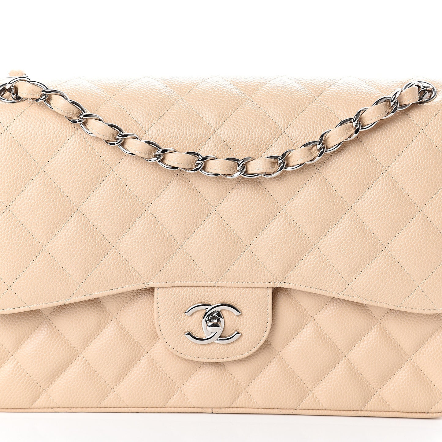 Caviar Quilted Jumbo Double Flap Beige Clair