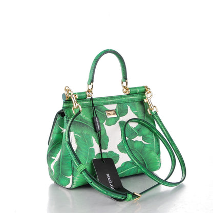 Dolce & Gabbana Dauphine Banana Leaf Print Small Miss Sicily Satchel Green White 3 of 7