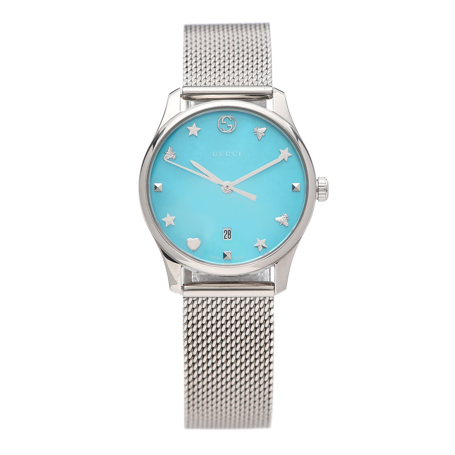 Gucci Stainless Steel Turquoise Mother of Pearl 29mm G-Timeless Charm Quartz Watch 1 of 6