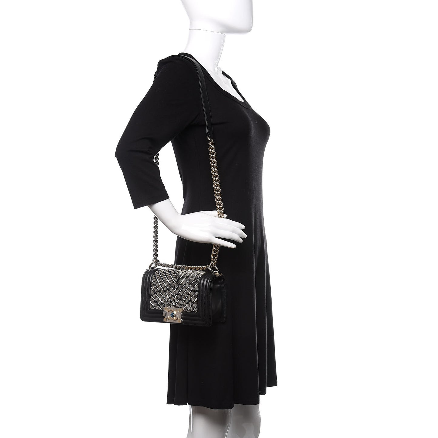 Calfskin Tweed Chain Chevron Small Boy Flap Black