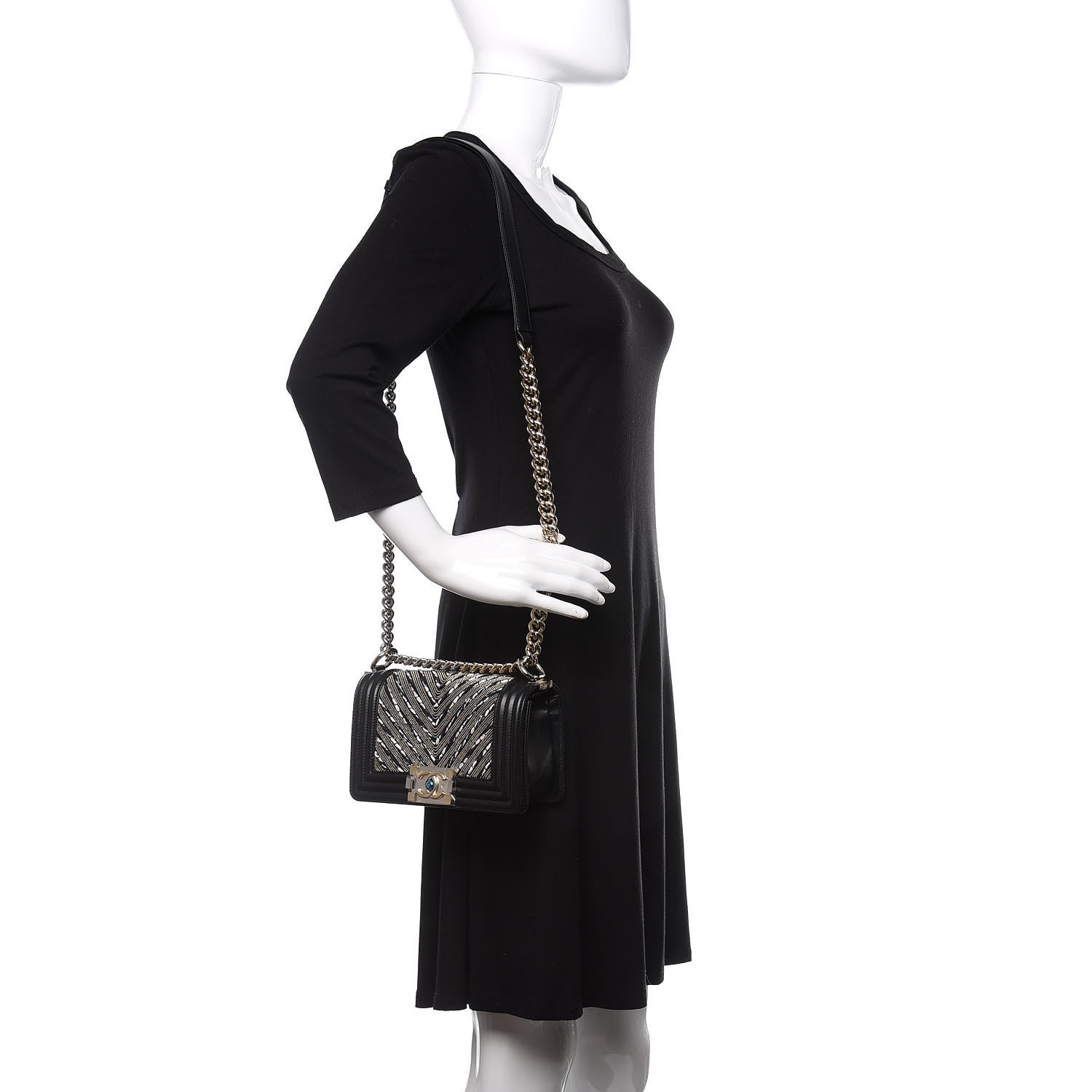 Chanel Calfskin Tweed Chain Chevron Small Boy Flap Black 2 of 11