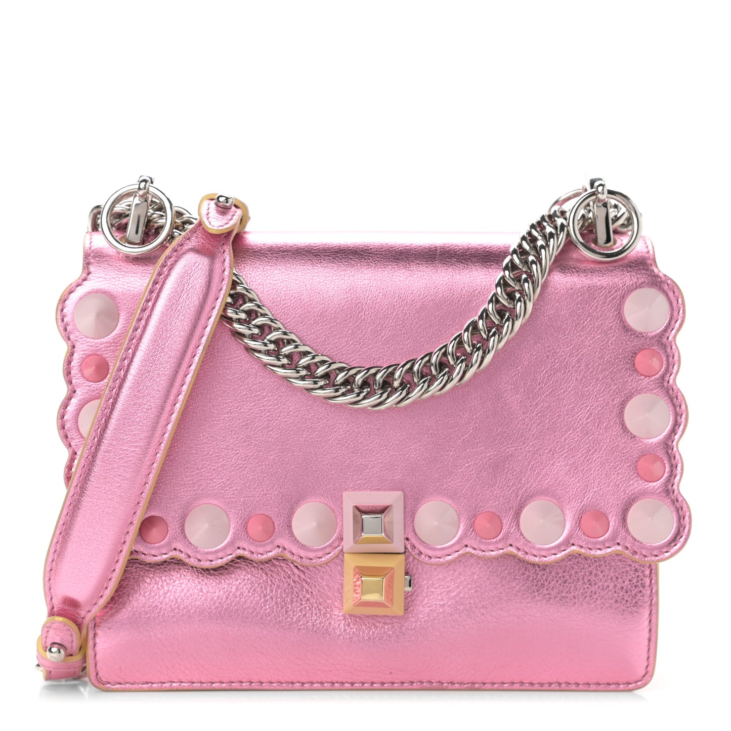Vitello Catalan Mirror Scalloped Multi Studded Small Kan I Shoulder Bag Fuxia Chiaro
