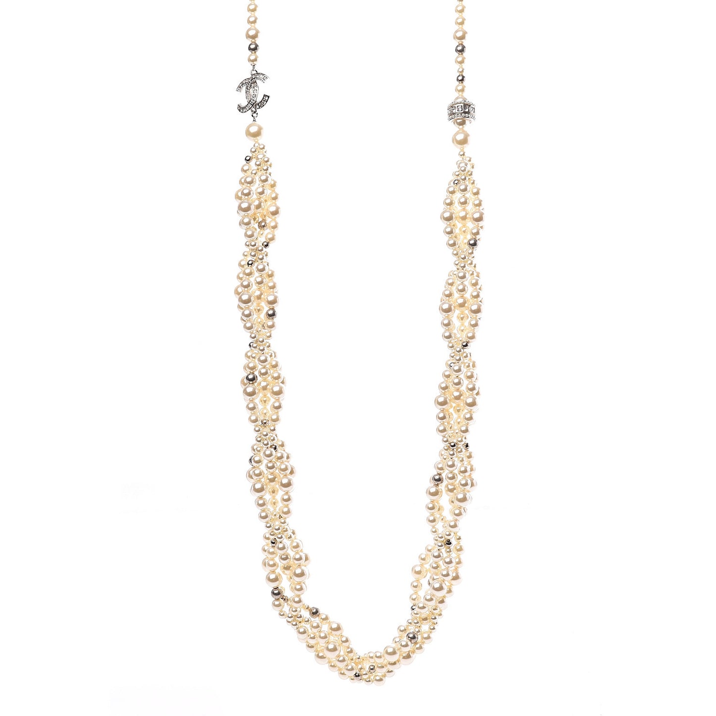 Crystal Pearl CC Braided Necklace Silver Pearly White