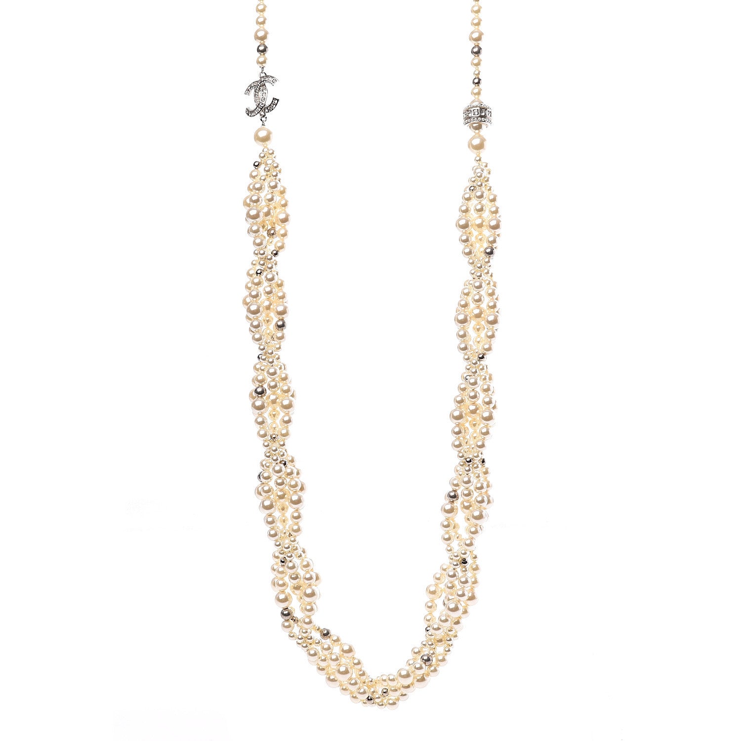 Chanel Crystal Pearl CC Braided Necklace Silver Pearly White 1 of 6