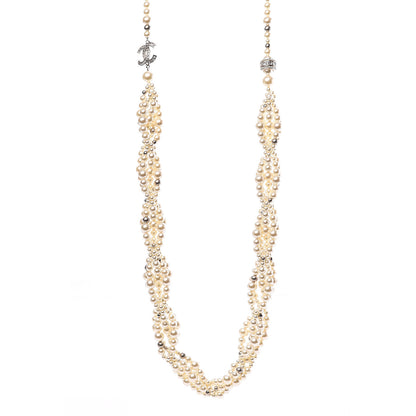 Chanel Crystal Pearl CC Braided Necklace Silver Pearly White 1 of 6