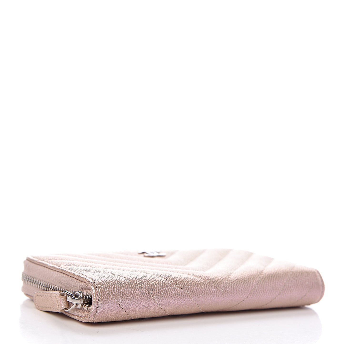 Metallic Caviar Chevron Quilted Small Zip Around Wallet Light Gold