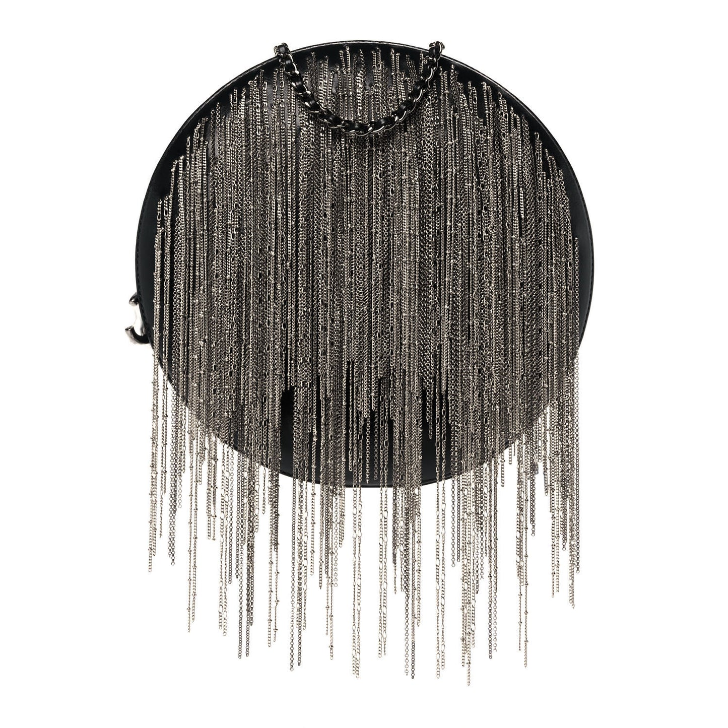Lambskin Chain Fringe Round Clutch With Chain Black