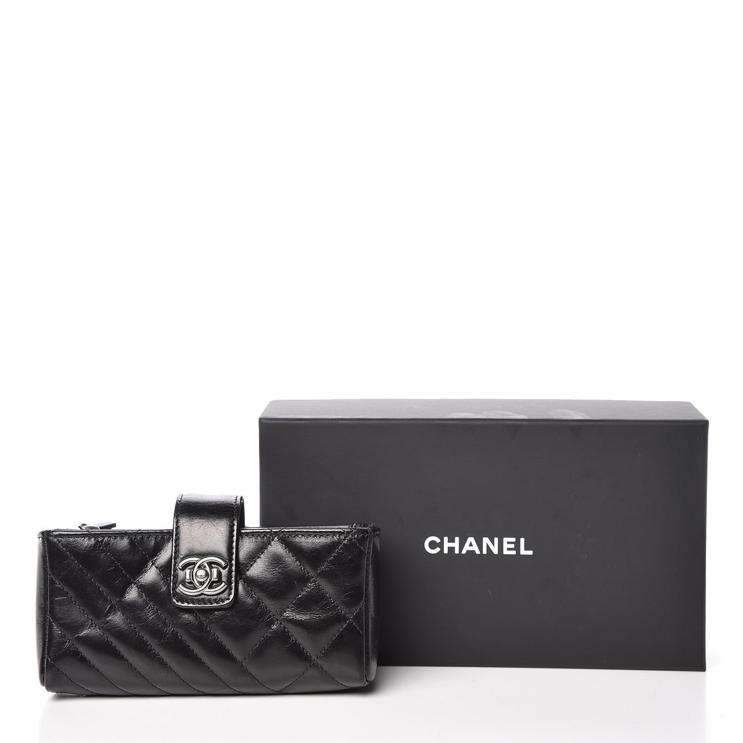 Glazed Calfskin Quilted Mini Phone Holder Clutch Black