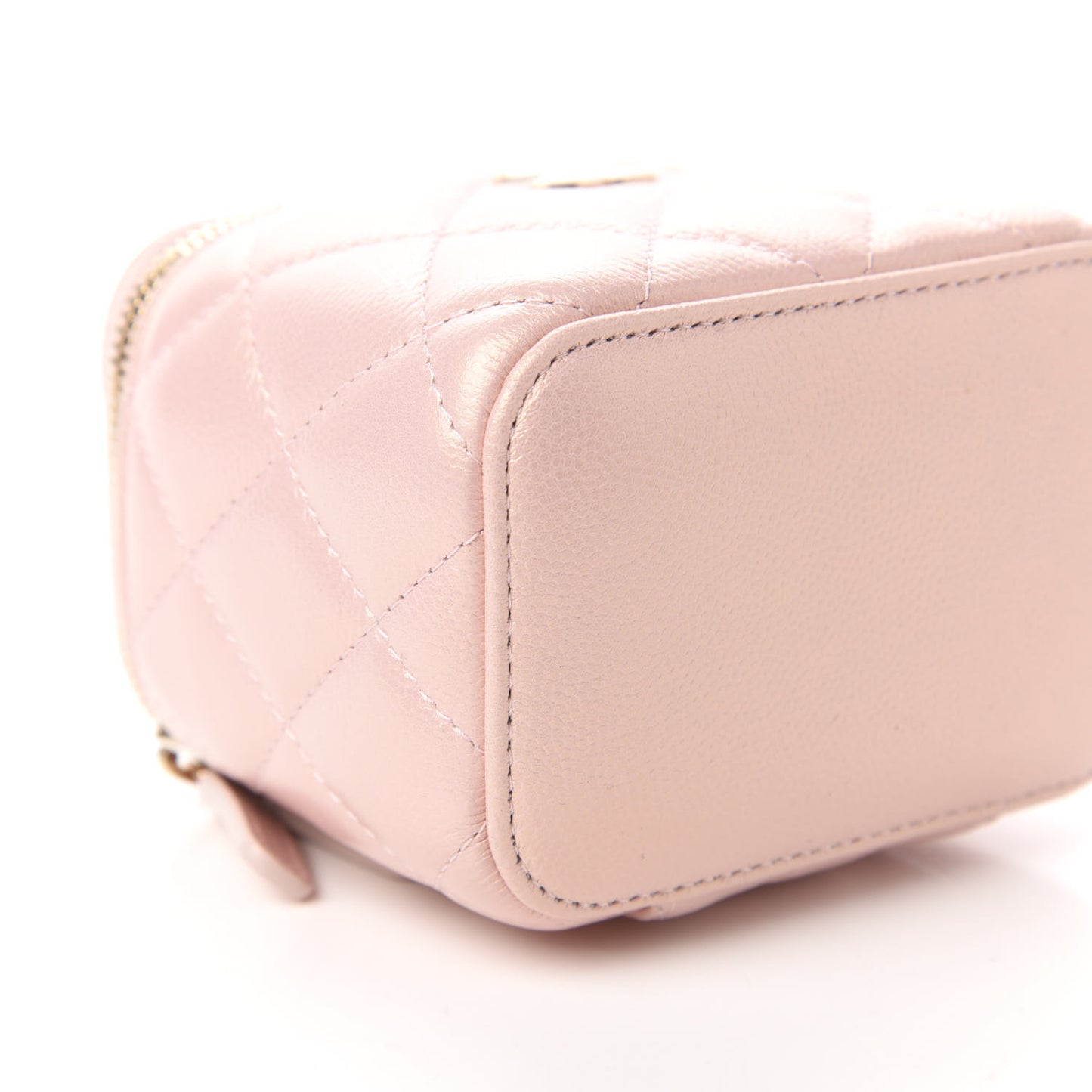 Iridescent Caviar Quilted Mini Pearl On Top Vanity Case With Chain Light Pink