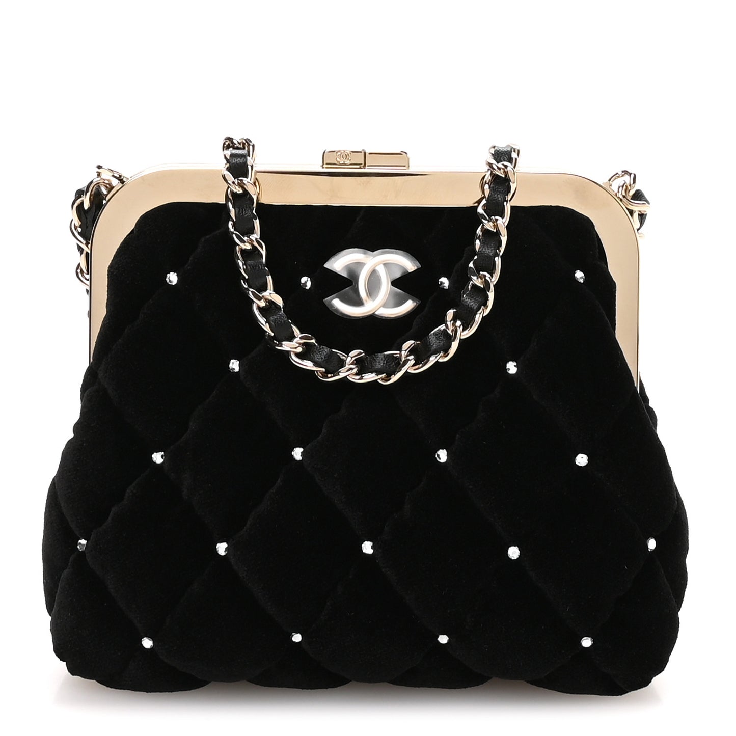 Velvet Diamante Quilted Kiss Lock Clutch Black