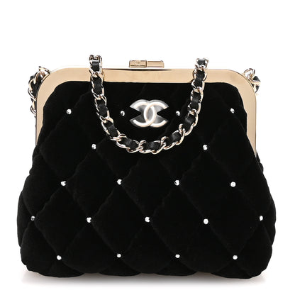 Chanel Velvet Diamante Quilted Kiss Lock Clutch Black 1 of 11