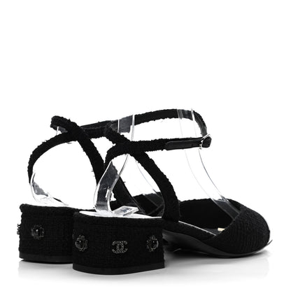 Chanel Tweed Iridescent Calfskin Cap Toe CC Slingback Pumps 39 Black Silver 3 of 9