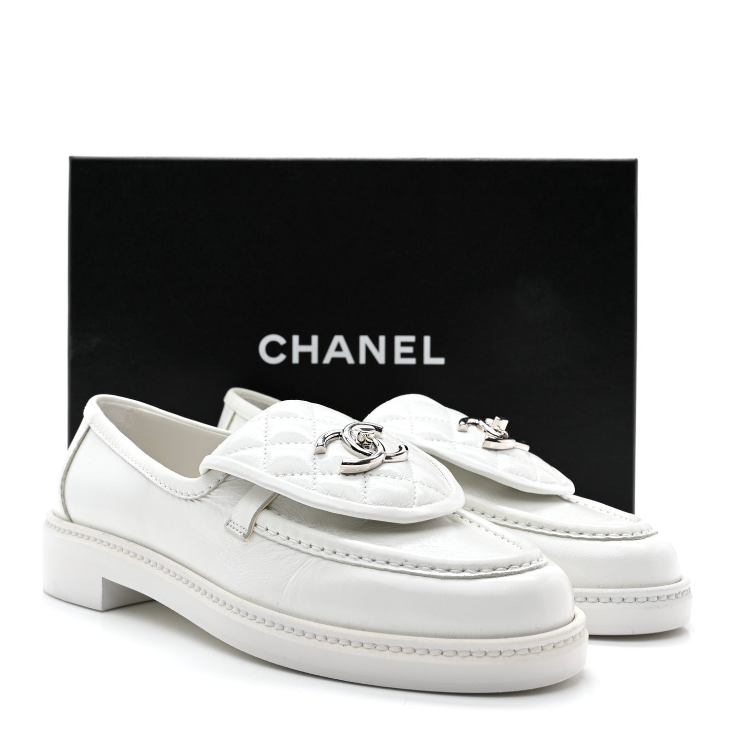 Shiny Lambskin Quilted CC Turnlock Loafers 37 White