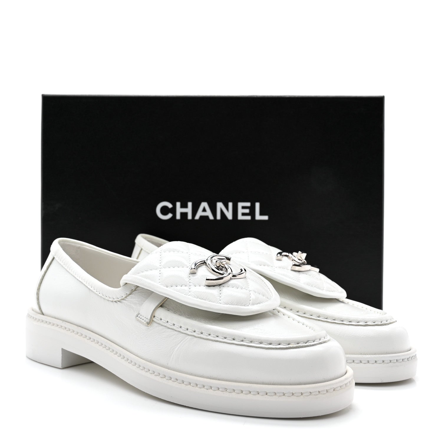 Chanel Shiny Lambskin Quilted CC Turnlock Loafers 37 White 10 of 10