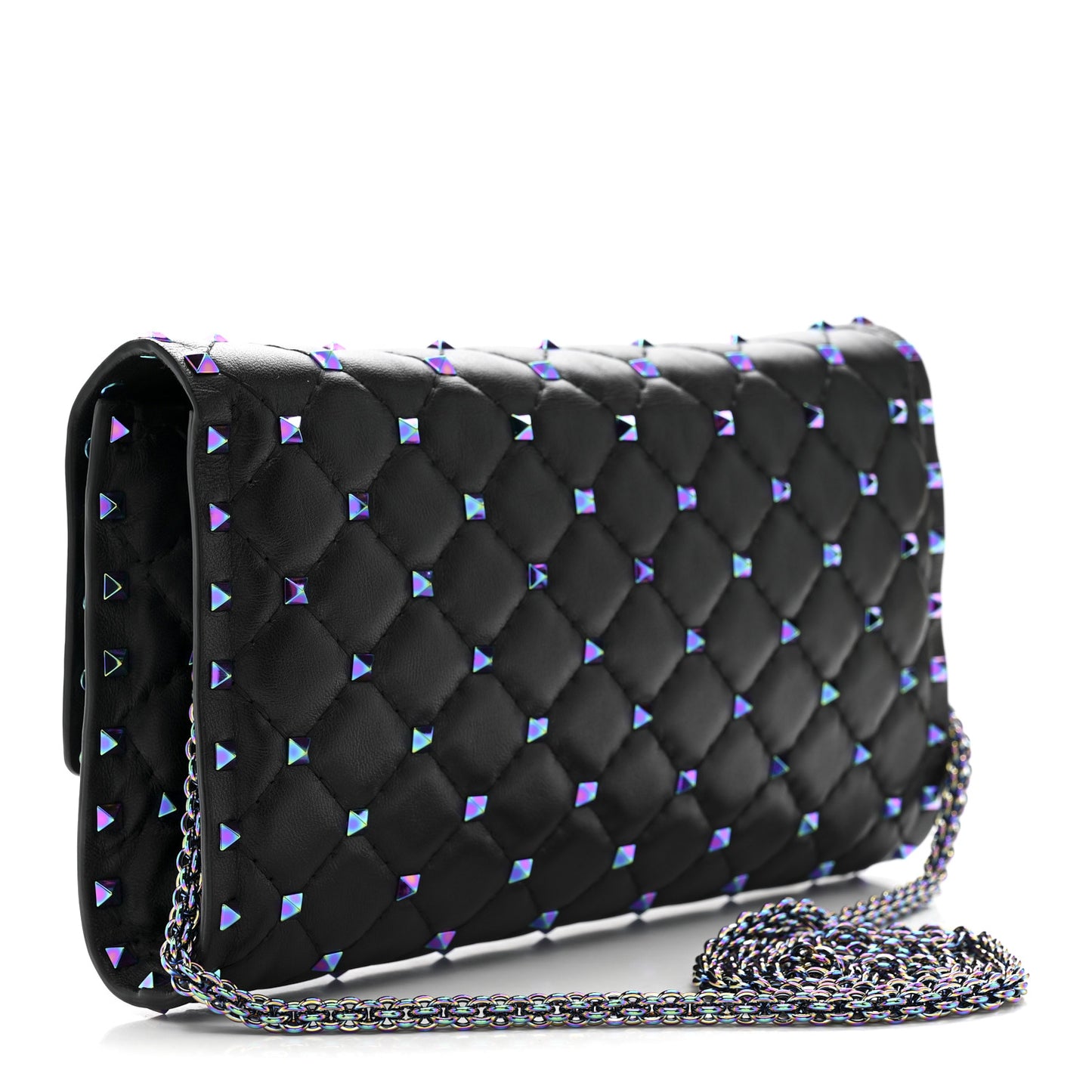 Lambskin Oil Slick Rockstud Spike Wallet on Chain Black