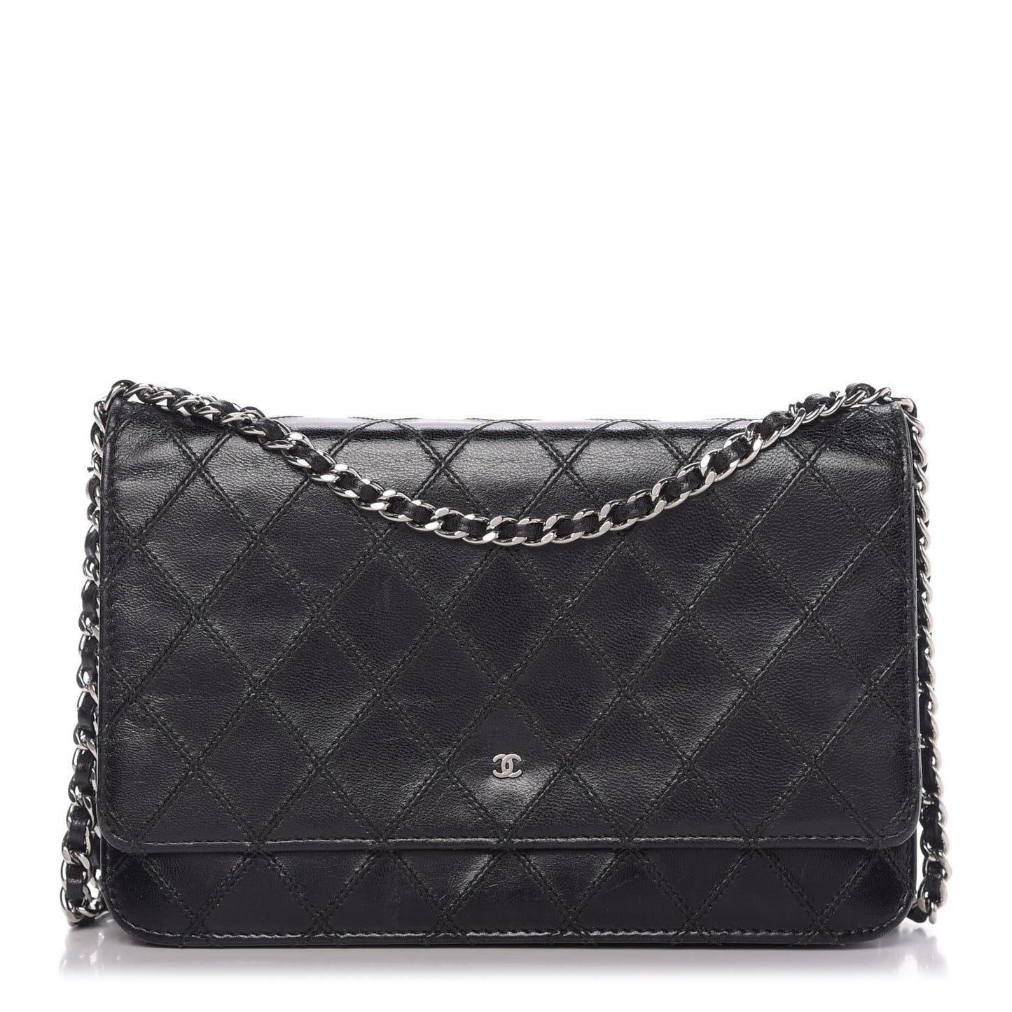 Lambskin Diamond Stitched Wallet On Chain WOC Black