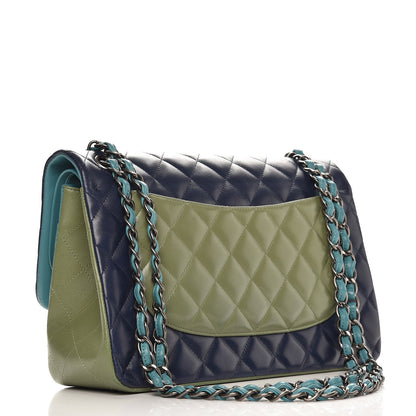 Chanel Lambskin Quilted Tri-Color Jumbo Double Flap Navy Blue Green 4 of 13