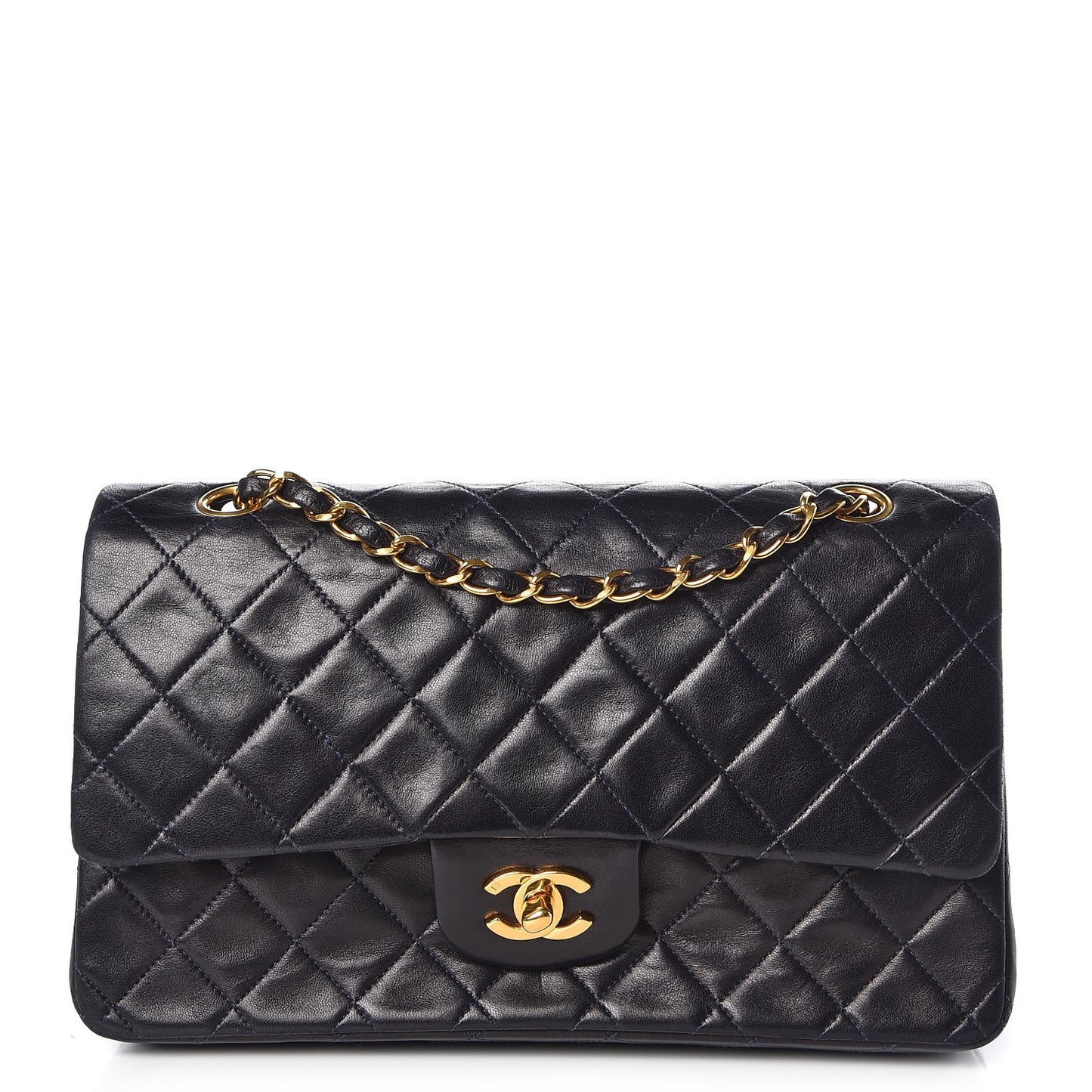 Lambskin Quilted Medium Double Flap Navy
