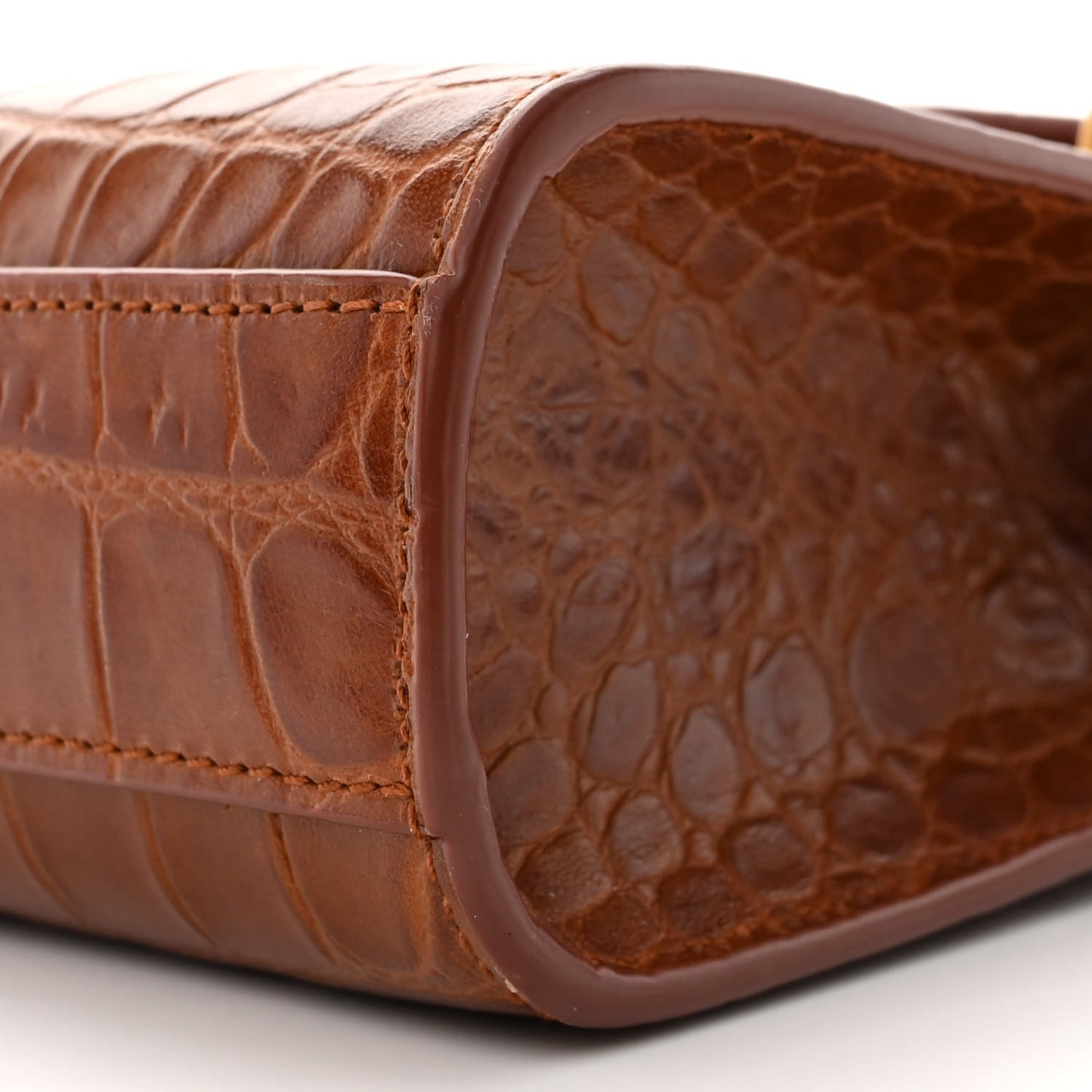 Shiny Calfskin Crocodile Embossed Small Manhattan Baguette Dark Caramel