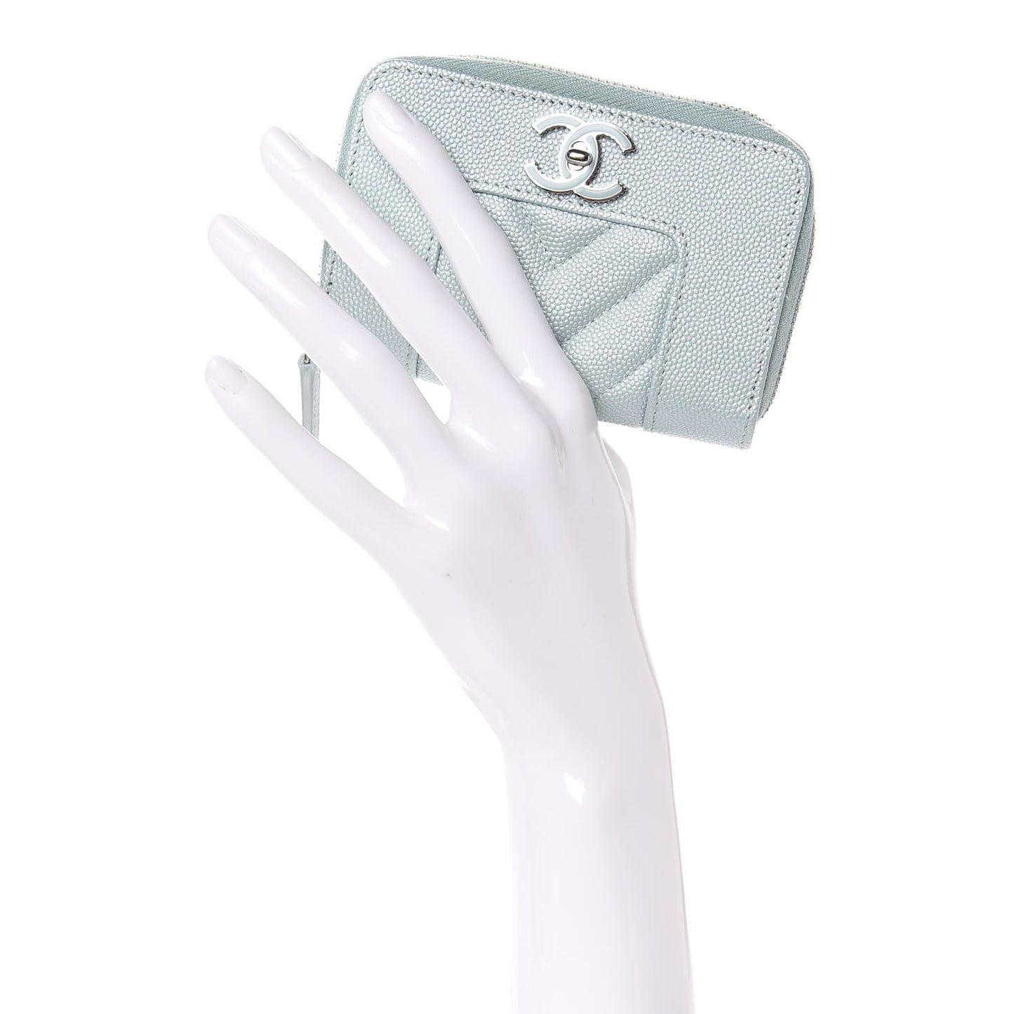 Metallic Caviar Chevron Quilted Vintage Mademoiselle Zip Coin Purse Light Blue