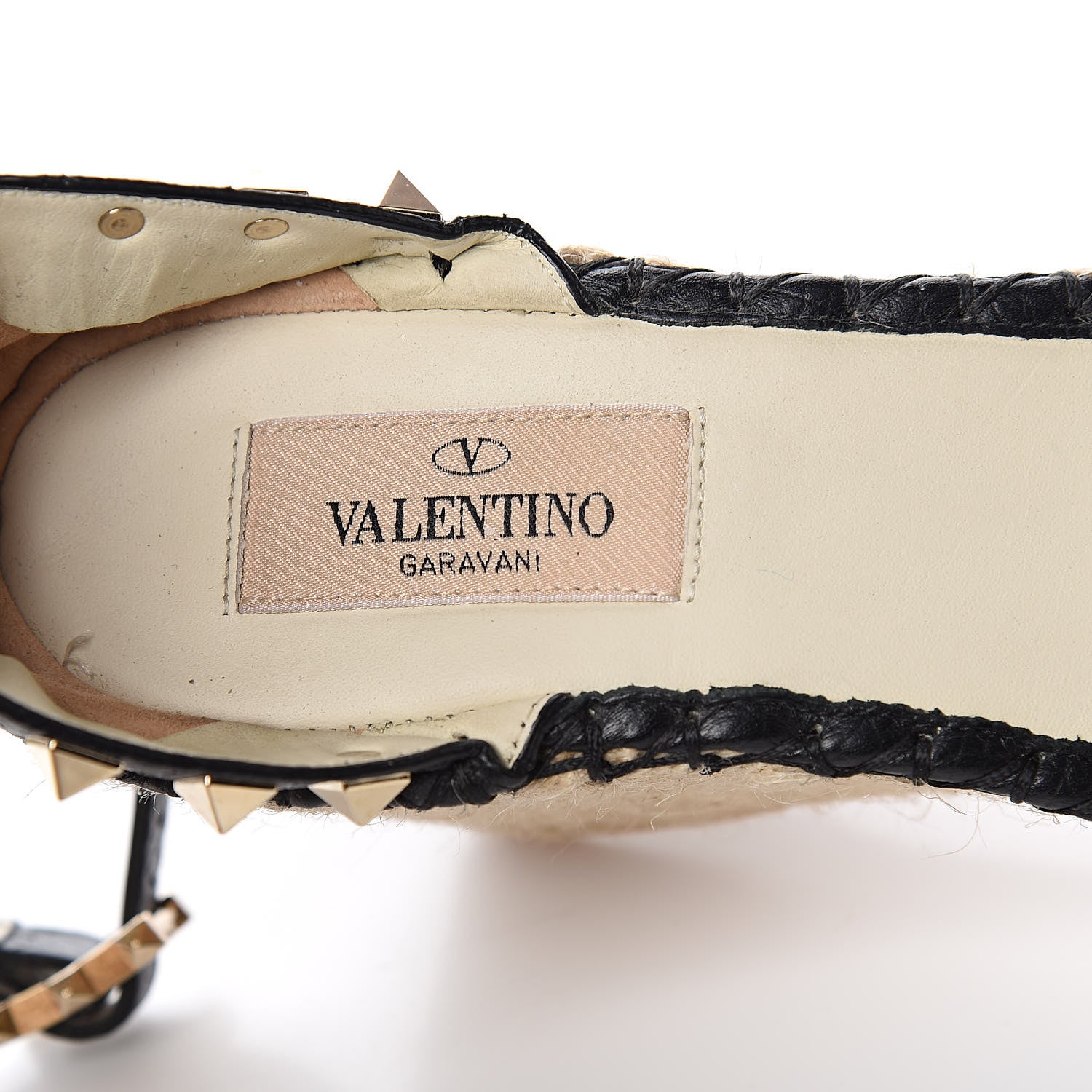 Valentino Garavani Grained Calfskin Rockstud Ankle Wrap Espadrille 15/85mm Wedges 36 Black Light Ivory 8 of 9