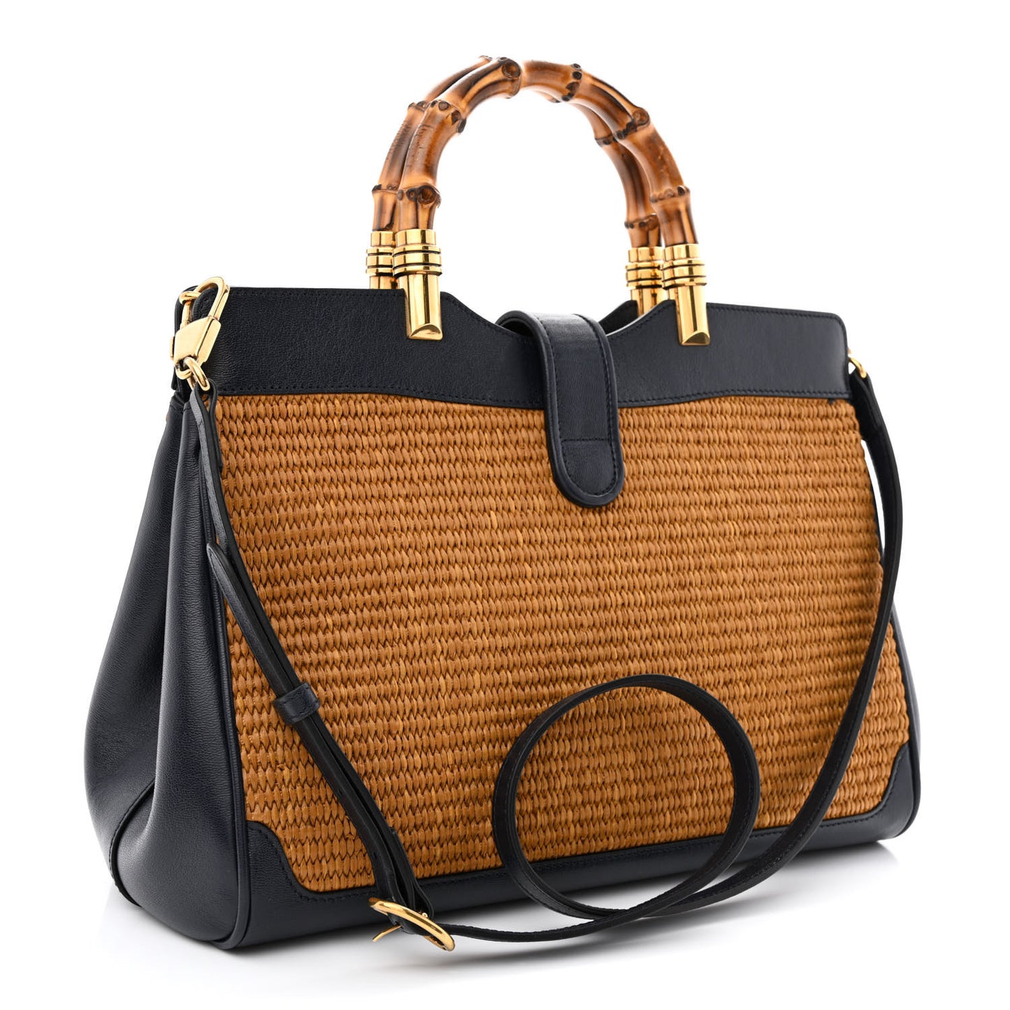 Straw Lux New Sakai Calfskin Lux Medium Dahlia Bamboo Handle Tote Bag Dark Natural Blue