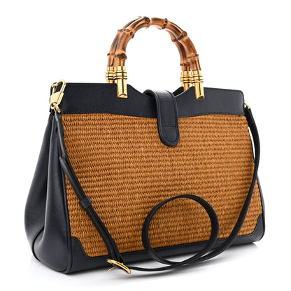 Gucci Straw Lux New Sakai Calfskin Lux Medium Dahlia Bamboo Handle Tote Bag Dark Natural Blue 3 of 14