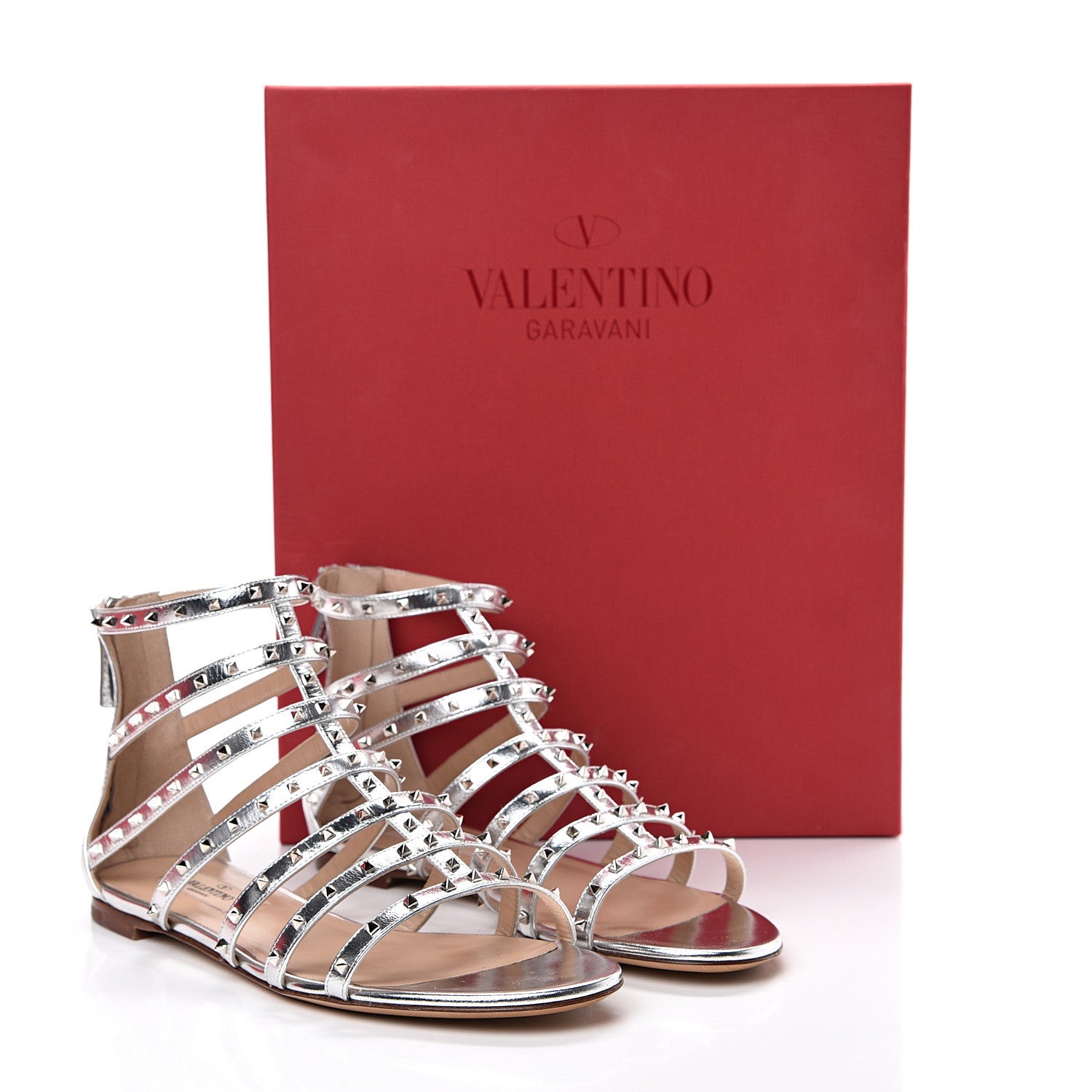 Valentino Garavani Metallic Nappa Lovestud Caged Flat Sandals 37 Silver 9 of 9