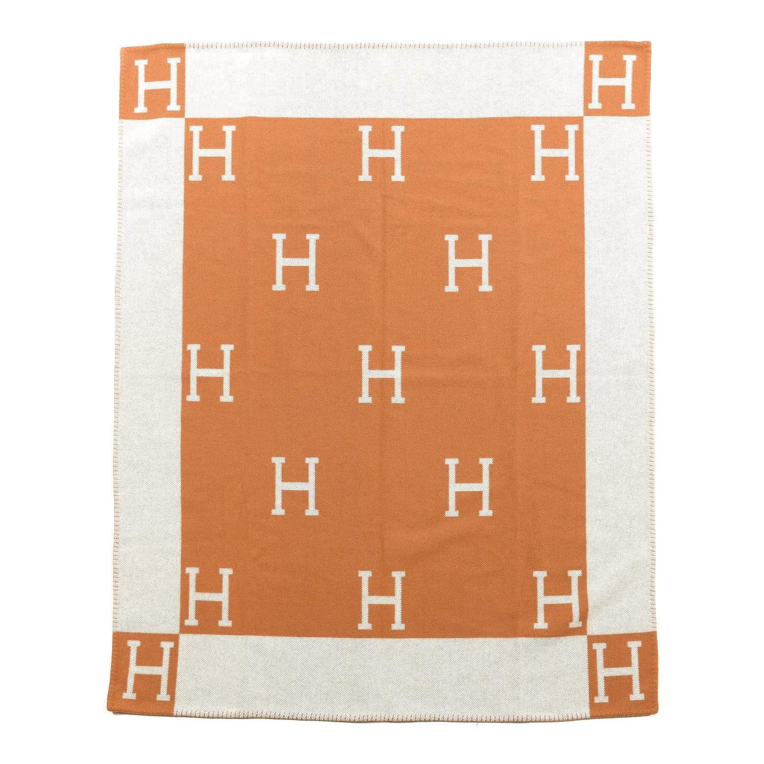 Hermes Wool Cashmere Signature Classic Avalon Blanket Ecru Potiron 1 of 2