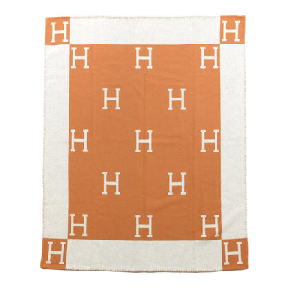 Hermes Wool Cashmere Signature Classic Avalon Blanket Ecru Potiron 1 of 2
