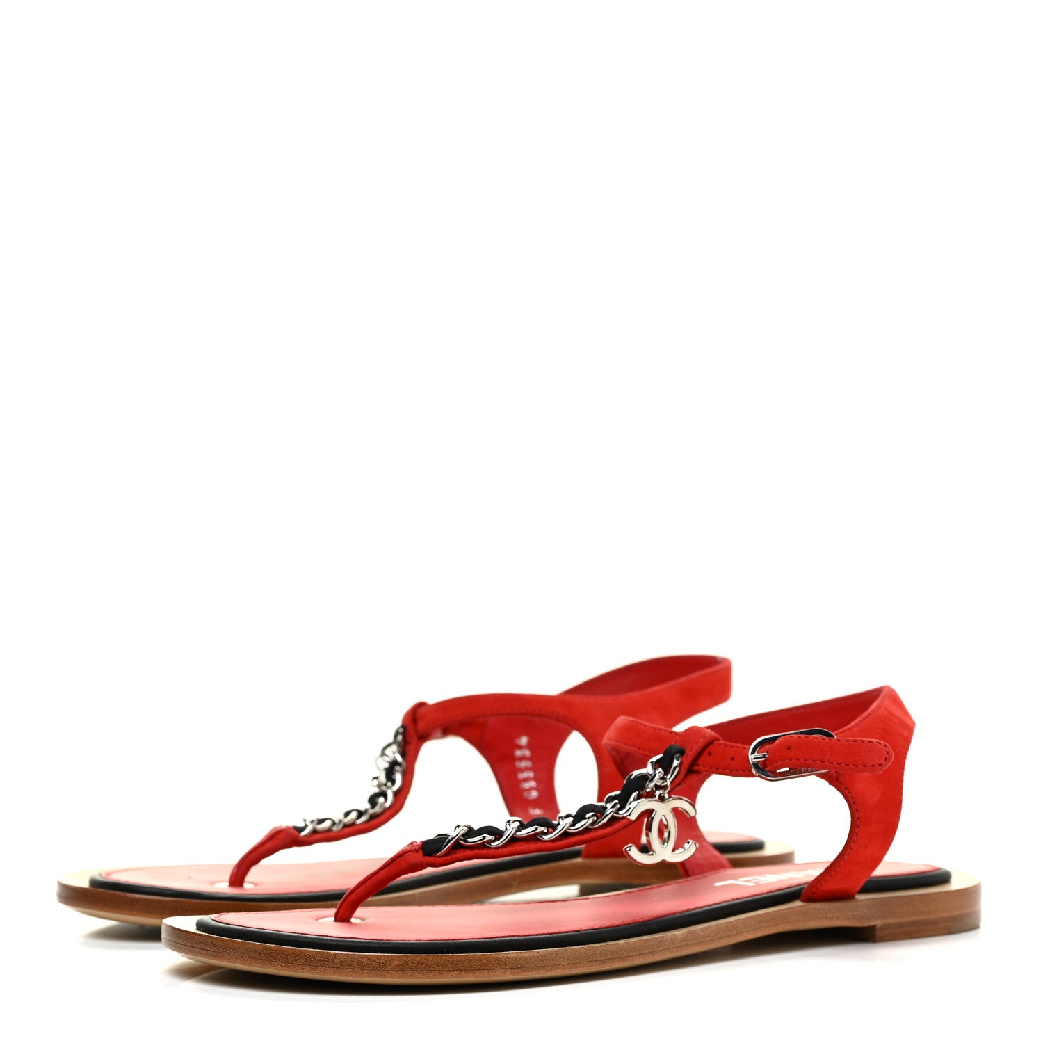 Chanel Suede Calfskin Chain CC Thong Sandals 36.5 Red 3 of 12