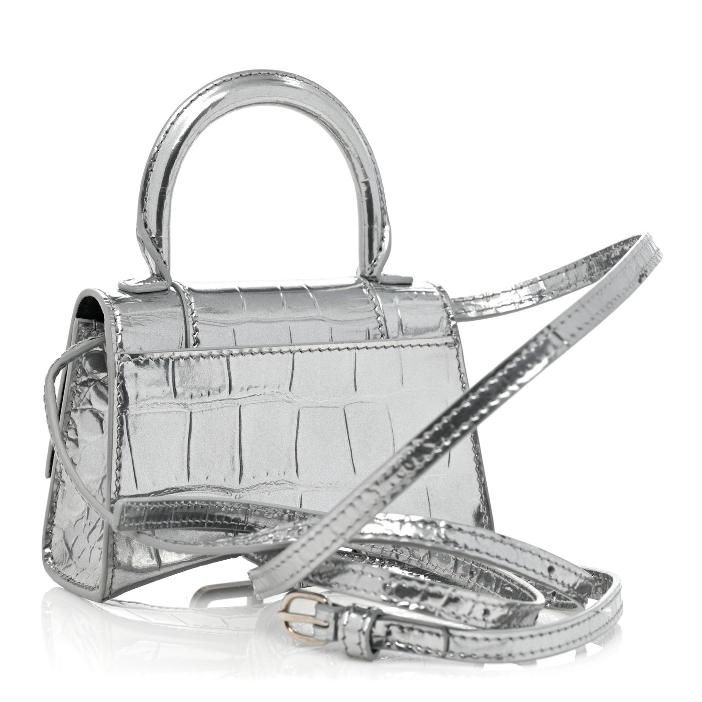 Metallic Calfskin Crocodile Embossed Hourglass Top Handle Bag Mini Silver