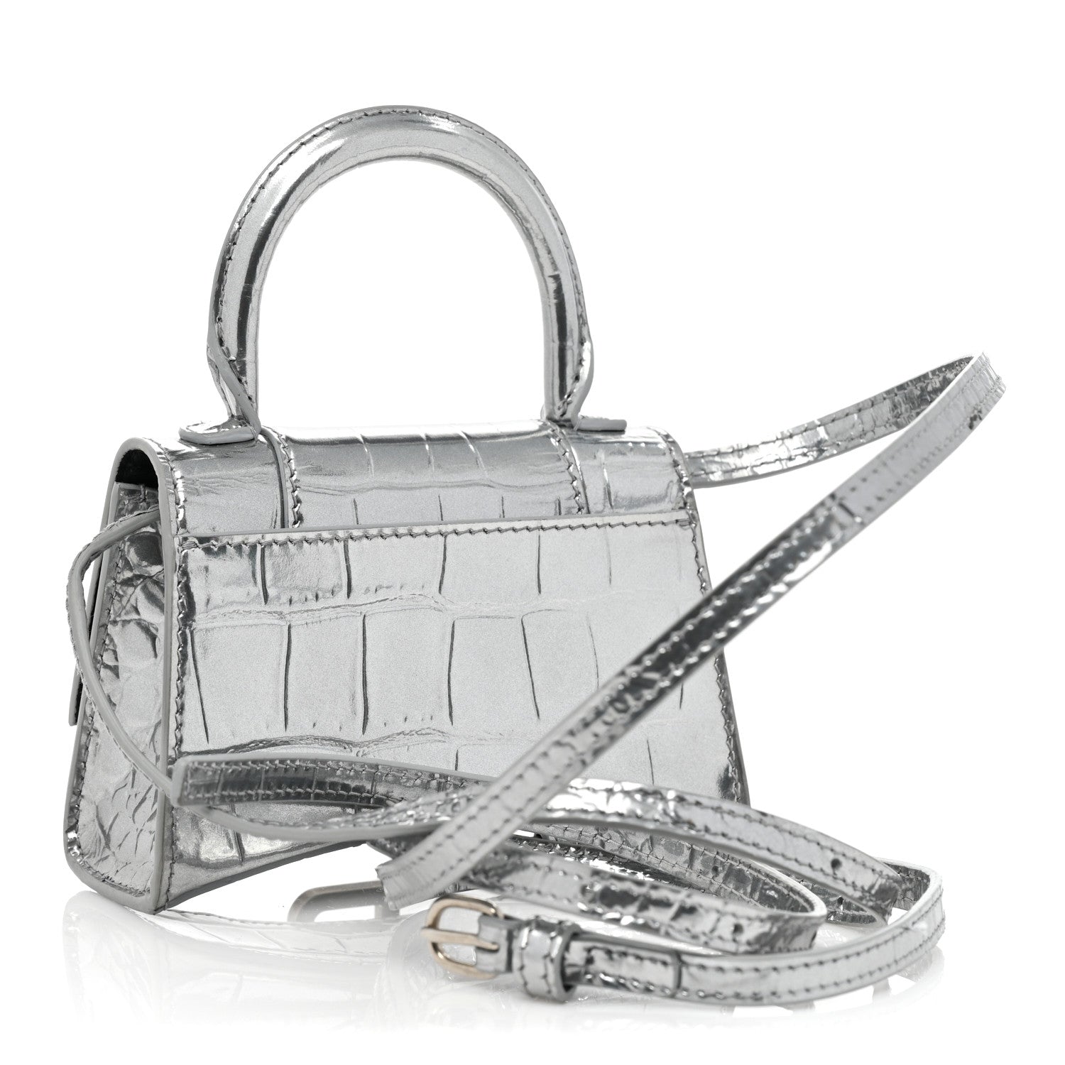 Balenciaga Metallic Calfskin Crocodile Embossed Hourglass Top Handle Bag Mini Silver 2 of 7